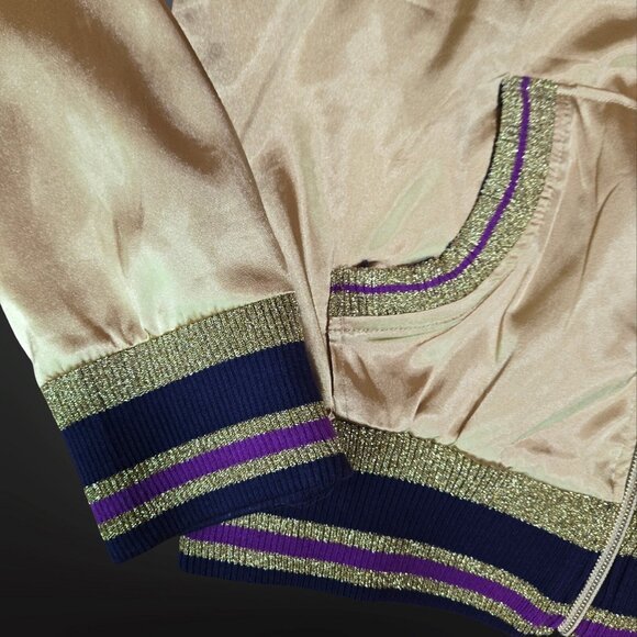 Y2K Apple Bottoms Gold Satin Souvenir Bomber Jacket Size L Rhinestone Full Zip - Picture 4 of 11